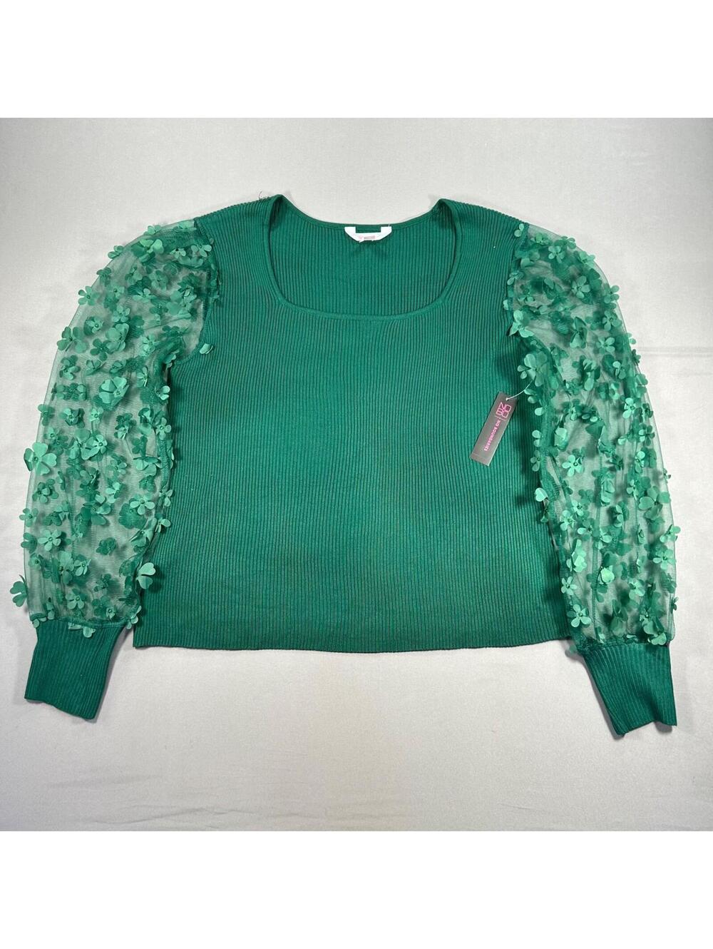 No Boundaries Green Square Neck Top W/Sheer Puff Sleeves W/Floral Appliqué NEW